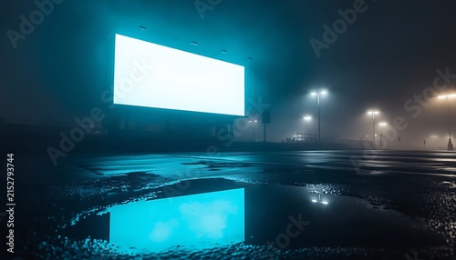 Blank glowing billboard stands prominently above a dark asphalt street at night under heavy fog with vivid blue artificial light reflecting beautifully in a large deep puddle of water