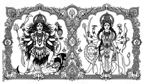 Fotografie Goddess Kali and Durga black and white Hindu devotional line art vector illustra