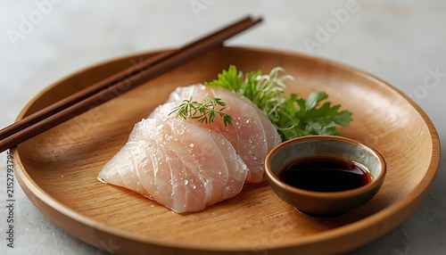 Fresh white fish sashimi slices arranged elegantly on a rustic wooden plate with dark soy sauce in a small bowl and wooden chopsticks beside vibrant green garnish for gourmet dining.