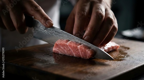 Skilled chef carefully slices a premium marbled wagyu beef steak using a sharp damascus steel knife on a dark rustic wooden cutting board under dramatic moody professional kitchen lighting conditions.