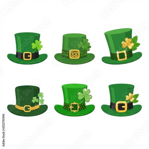 Set of St Patricks Day leprechaun hats isolated on white