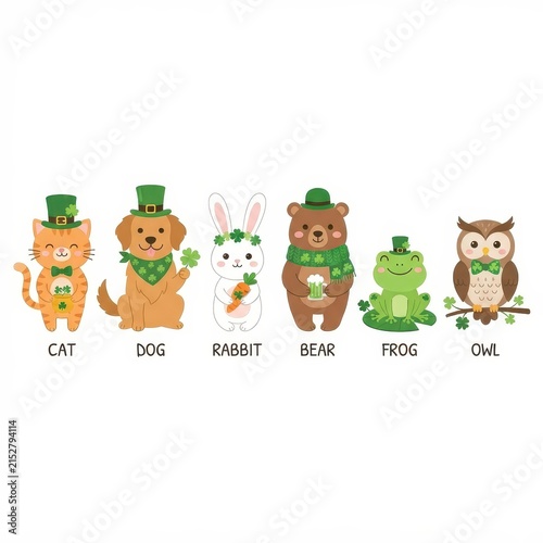 Cute animals for St Patricks Day isolated on white background