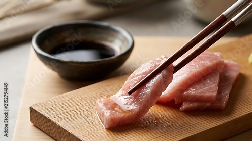 Fresh raw tuna sashimi slices held with dark wooden chopsticks above a rustic wooden cutting board with a small ceramic bowl of soy sauce in the soft natural blurred background