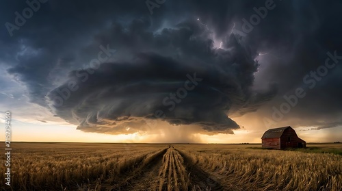 Massive supercell thunderstorm swirling with intense bolts of lightning above a solitary rustic red barn in a vast golden wheat field at sunset captured in wide angle high resolution photography.
