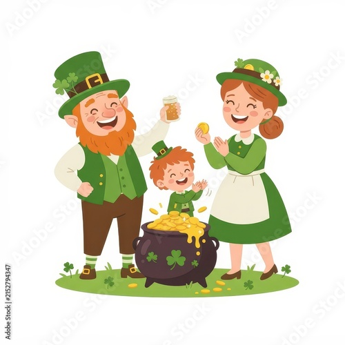 Happy leprechaun family with pot of gold