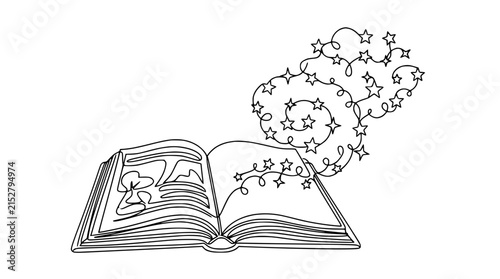 Open Book with Stars Illustration, Imagination and Magic Concept, Line Art