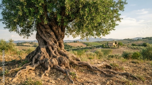 An ancient olive tree dominates the foreground, its gnarled trunk and expansive roots anchoring it to the earth. The tree stands in a picturesque 