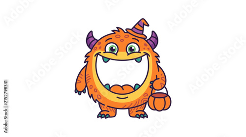 A cute orange monster wearing a small hat and holding a pumpkin bucket for a holiday celebration