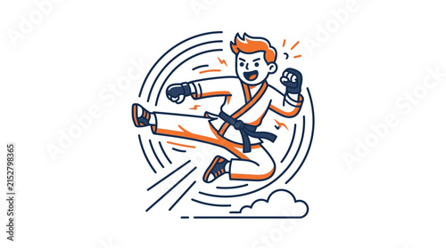 A stylized illustration of a young martial artist performing a powerful jumping side kick move