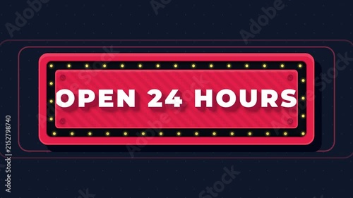 Animated Red Marquee Sign with Open 24 Hours Text and Blinking Lights on Dark Background