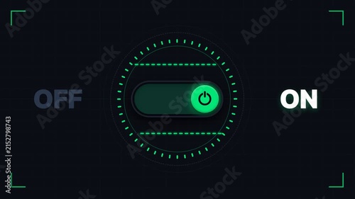 3D animation of a neon power toggle switch moving between off and on states on a dark HUD interface