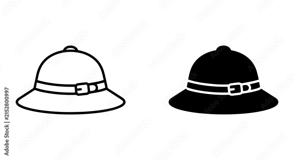 Fototapeta premium Safari Pith Helmet Icons, Exploration Headwear Vector Set, Adventure Gear Symbols