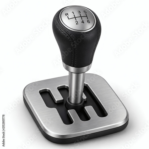 Manual Gear Shifter: A close-up view of a modern manual transmission gear shifter, showcasing its leather-wrapped knob and metallic finish against a clean background, highlighting automotive detail.