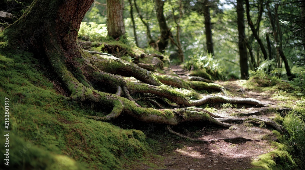 Obraz premium Gnarled tree roots curve gently on mossy ground in a forest setting with dappled sunlight