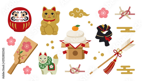 Bild auf Leinwand Japanese New Year Celebration Illustration Set with Daruma, Lucky Cat, Mochi, Ki