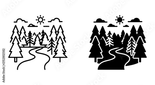 Minimalist Forest Landscape Vector Icons, Nature Scene, Outdoor Adventure Path, Sunny Day