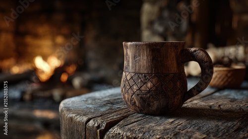 Worn wooden mug with carved texture resting on rough hewn table beside a warm fire in a cozy room