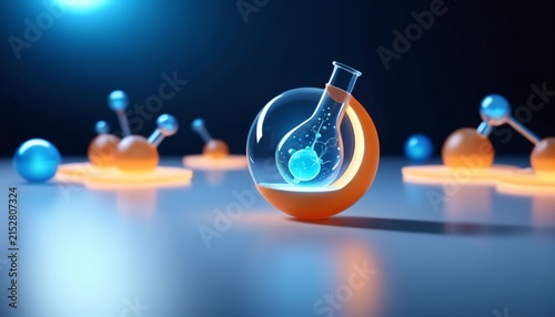 Small glowing chemistry flask surrounded by scientific equipment