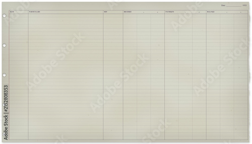 Fotografie Vintage 1935 cash book ledger page with receipts and payments columns, isolated