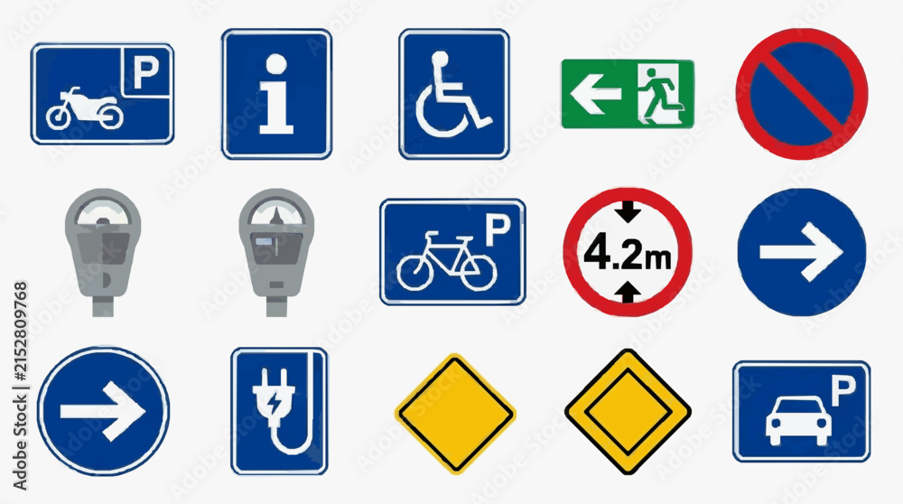 Fototapeta premium Professional Collection of 15 Colorful Parking and Traffic Signs with Symbols Directions and Restrictions