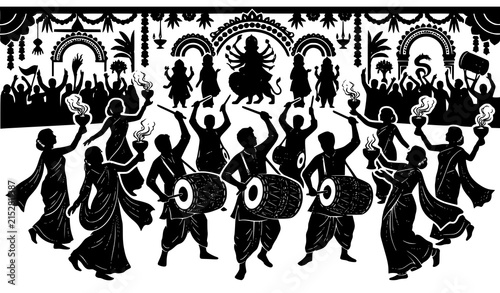 Traditional Bengali Dhak drummers and women dancing during Durga Puja black silhouette vector illustration
