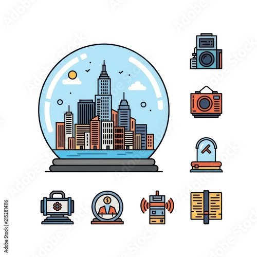 City snowglobe and technology icon set.