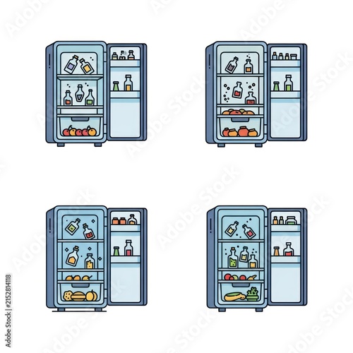 Cartoon refrigerators stocked with fresh food and drinks.
