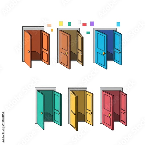 Collection of various colorful open doors in isometric view.