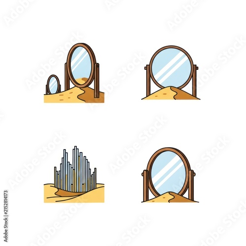 Desert mirror portals and crystal spire landscape icons.