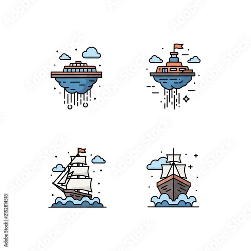 Nautical ships and futuristic floating island platform icons.