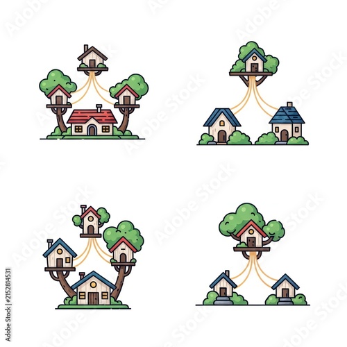 Networked treehouse village icons with connecting paths.