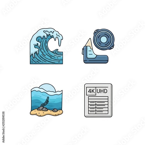 Ocean waves, diving gear, and underwater scene icons.