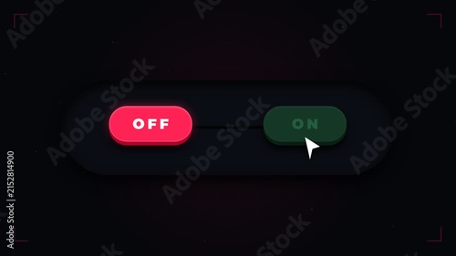 3D Animation of Cursor Clicking Red Off and Green On Toggle Buttons on Dark Background