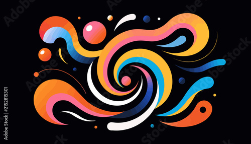 Abstract Swirling Shapes and Bubbles on Black Background