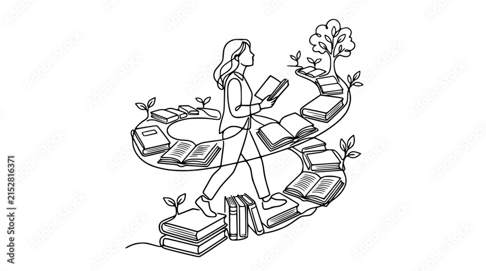 Fototapeta premium Woman walking on path of books, continuous line art, education concept