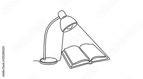 Continuous line drawing of a desk lamp illuminating an open book