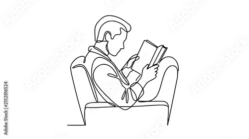 Man Reading Book Sitting on Chair, Single Line Art