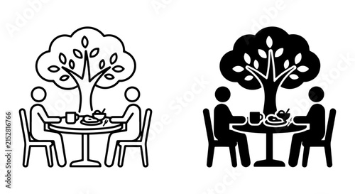 Photography Outdoor Dining Icons: Two People Enjoying Meal Under Tree, Line Art and Silhouet