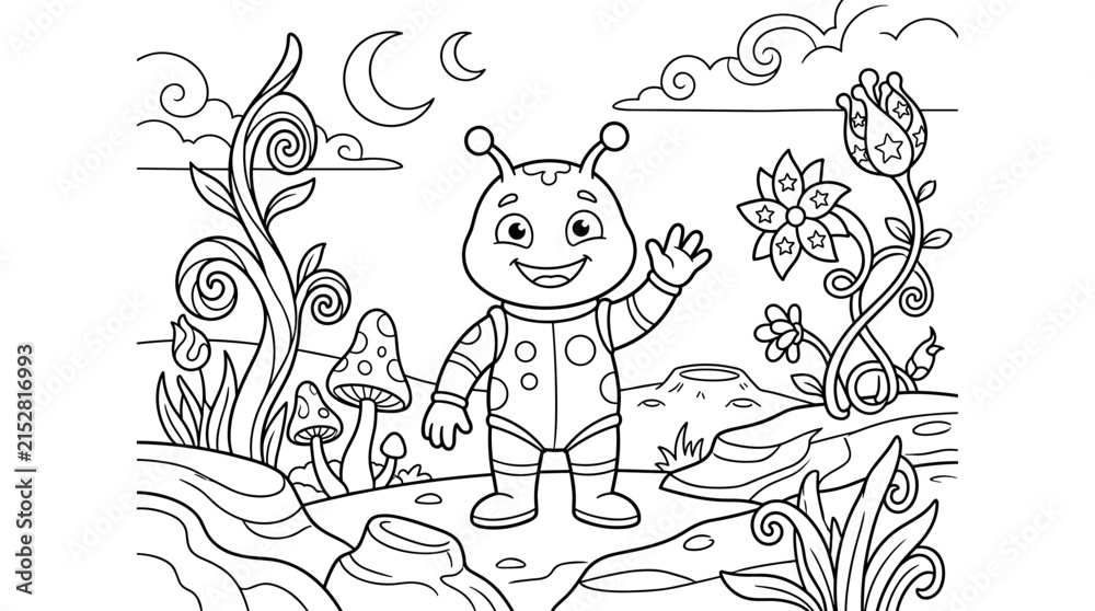 Fototapeta premium Friendly cartoon alien character waving hello on a whimsical planet with unusual plants and mushrooms under a crescent moon