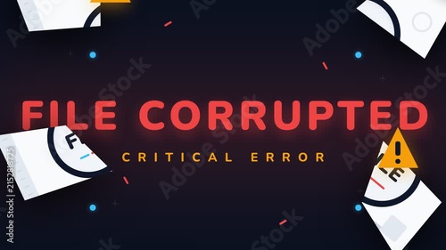 File Corrupted Critical Error Animation with Glitch Text and Warning Icons on Dark Background