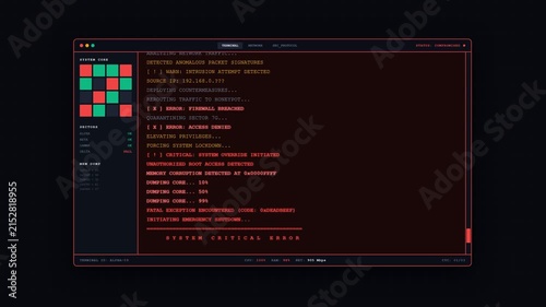 Digital Hacking Terminal Interface with System Error and Security Breach Alerts