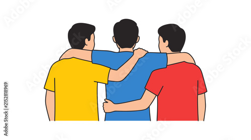 Three diverse young men hugging in colorful casual shirts vector illustration