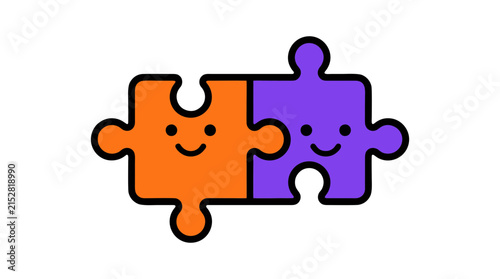 Two colorful puzzle pieces connect with happy faces forming a teamwork symbol