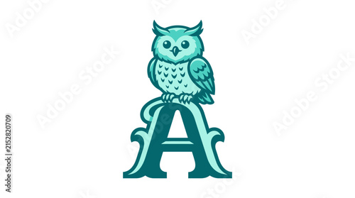 A stylized illustration of a cute owl perched on top of a decorative letter