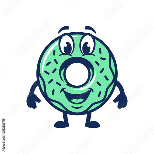 A cheerful cartoon donut character with a bright green glaze and sprinkles
