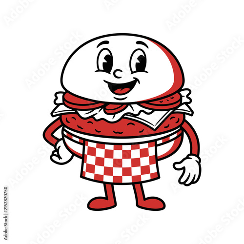 A cheerful cartoon burger character wearing a checkered apron stands against a plain white background