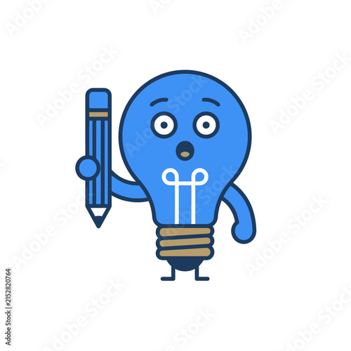A cute blue lightbulb character holding a pencil for creative work