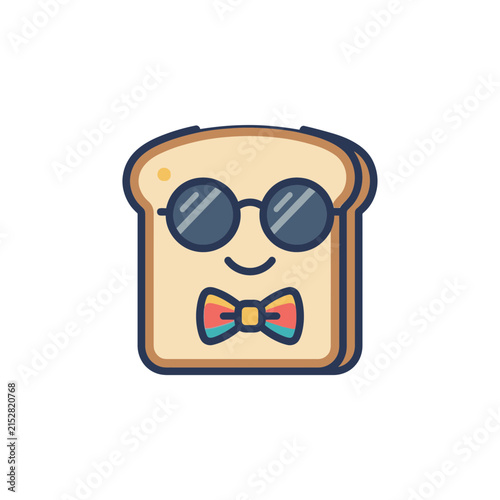 A cute cartoon slice of bread wearing dark sunglasses and a colorful bow tie