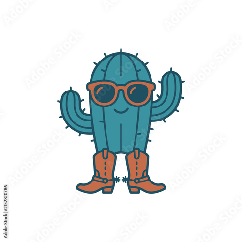 A cute cartoon cactus character wearing sunglasses and cowboy boots