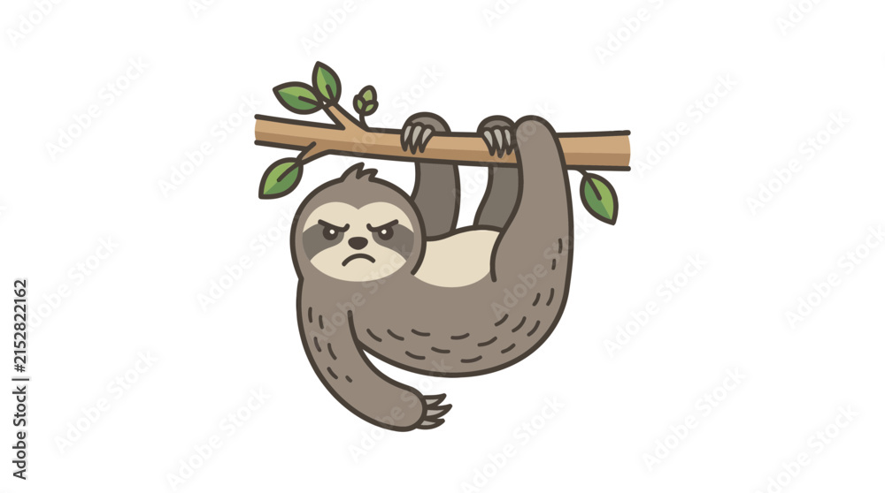 Obraz premium A cute cartoon illustration of a grumpy sloth hanging from a tree branch